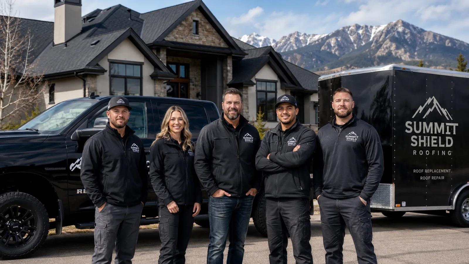 Summit Shield Roofing team standing in front of branded truck and trailer